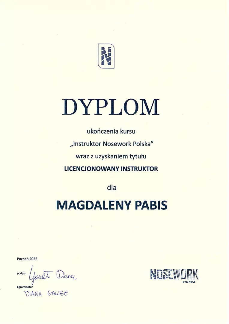 Dyplom ukończenia kursu Instruktor Nosework Polska - Magdalena Pabis