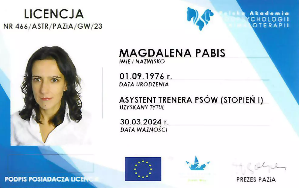 Licencja PAZIA trener psów stopień 1 - Magdalena Pabis